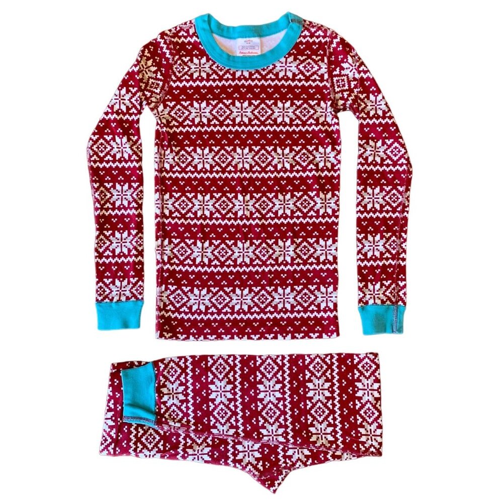 HANNA ANDERSSON Fair Isle Pajamas Kids 10 140 Red Cotton Long John Christmas Pjs